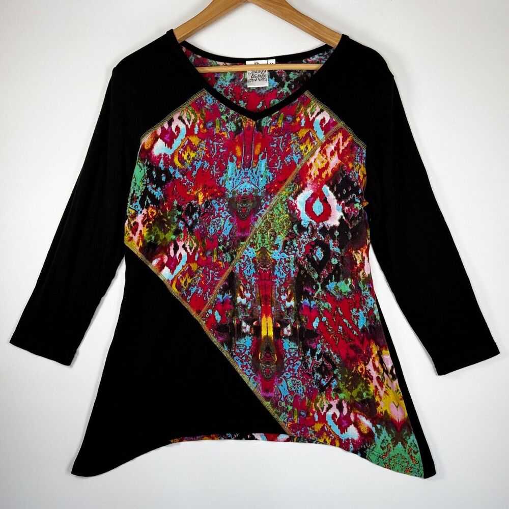 Parsley and Sage Top Womens Medium Black Asymmetrical Bright Abstract Boho Artsy